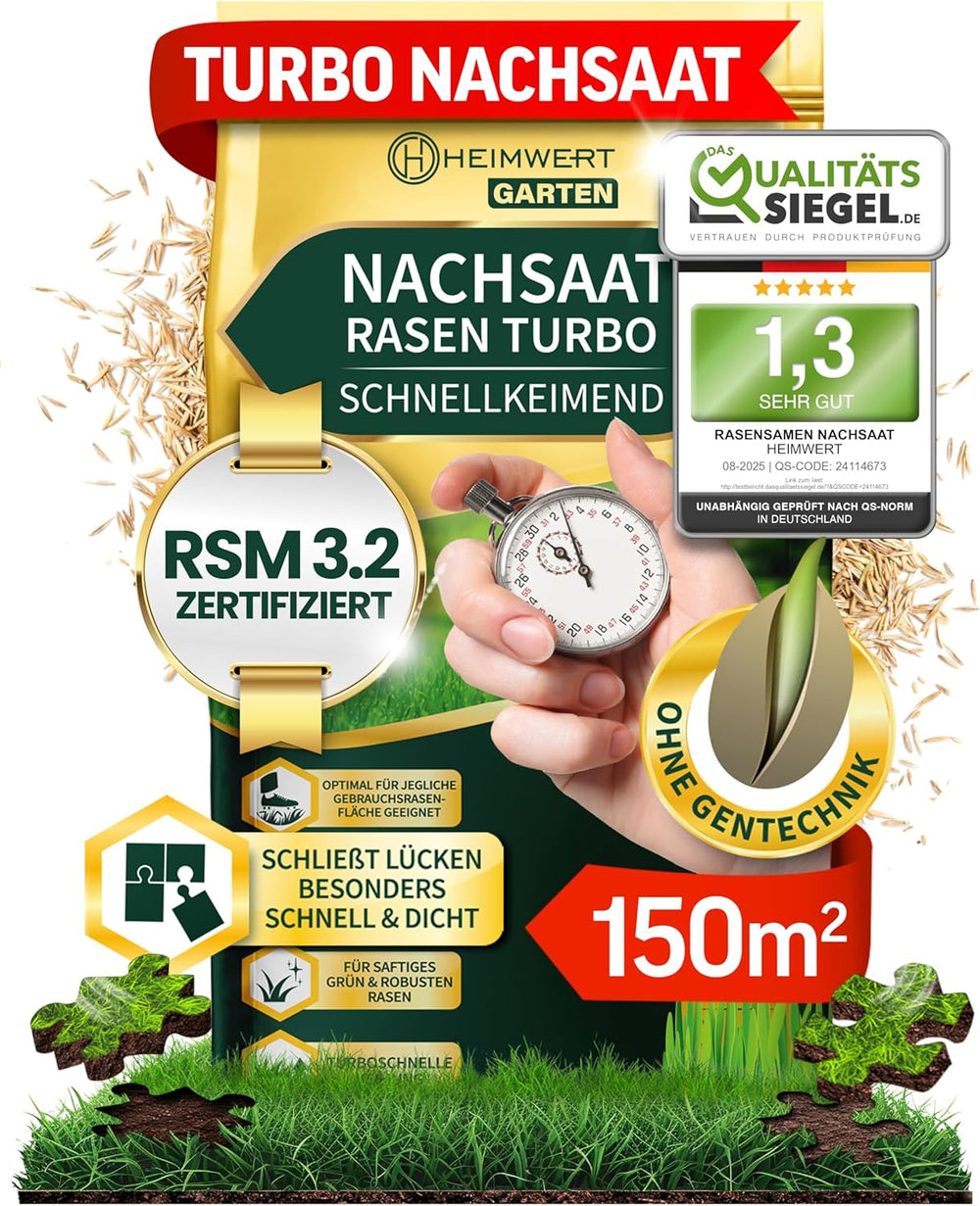 Rasensamen Schnellkeimend Turbo Nachsaat Grassamen Schnellkeimend Nach Original RSM 3.2 Empfehlung Aus Hochwertigster Gräser Mischung - 1Kg Sport Und Spiel Rasen Für 50 M2 - Made in Germany
