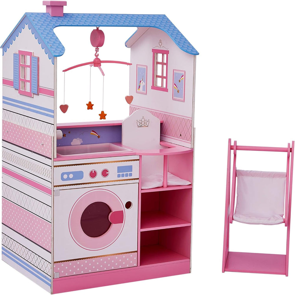 Olivia'S Little World Teamson Kids 18palcové dětské panenky Dřevěný domeček pro panenky Oboustranná školka TD-11460W Domky pro panenky Naty Shop Přebalovací pult