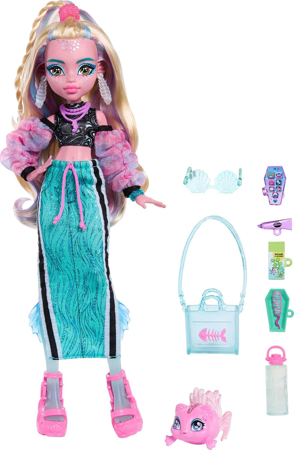 Păpușa Monster High Lagoona Blue în top scurt și fustă maxi sport cu peștele Neptuna și 7 accesorii, cum ar fi ochelari de soare cu scoici, gustare și geantă, JHK33