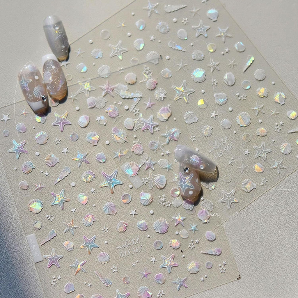 JMEOWIO 3D Nagelsticker Aurora Muschel Seestern Nail Art Sticker Selbstklebend Nagelaufkleber 5D Stereoskopisch Ozean Thema Dekoration Nageldesign Zubehör 1 Blatt