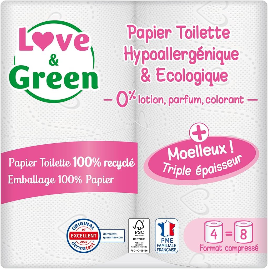 - Hârtie igienică 3 straturi - 3 straturi - hipoalergenică (certificată Dermatest) și ecologică (certificată Fsc) - 4 role comprimate = 8