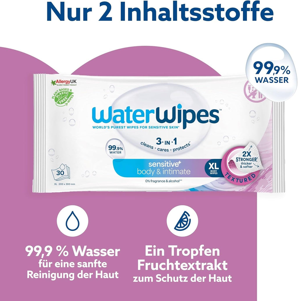 Waterwipes Adult Care Body & Intimate Hygiene Wipes, 180 șervețele (6 pachete), 99,9% apă, 3-In-1 Curăță, Hrănește, Protejează, Neparfumate, Ambalajul poate varia