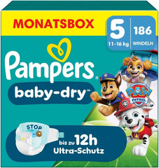Plenky Pampers Baby-Dry Puppy Patrol Edition, velikost 5, 186 plen, 11 kg - 16 kg, až 100% ochrana proti vytečení a celonoční pohodlí