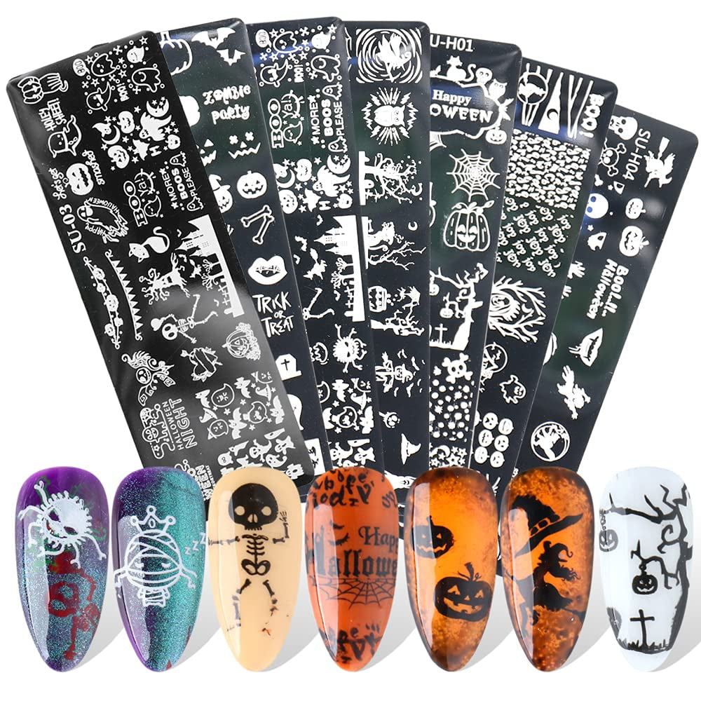 JMEOWIO Nagel Stamping Schablone Halloween 6 Stück Nagelstempel Schablone Nail Art Dekoration Nageldesign Zubehör Böse Gruselige Kürbis-Geisterhexe