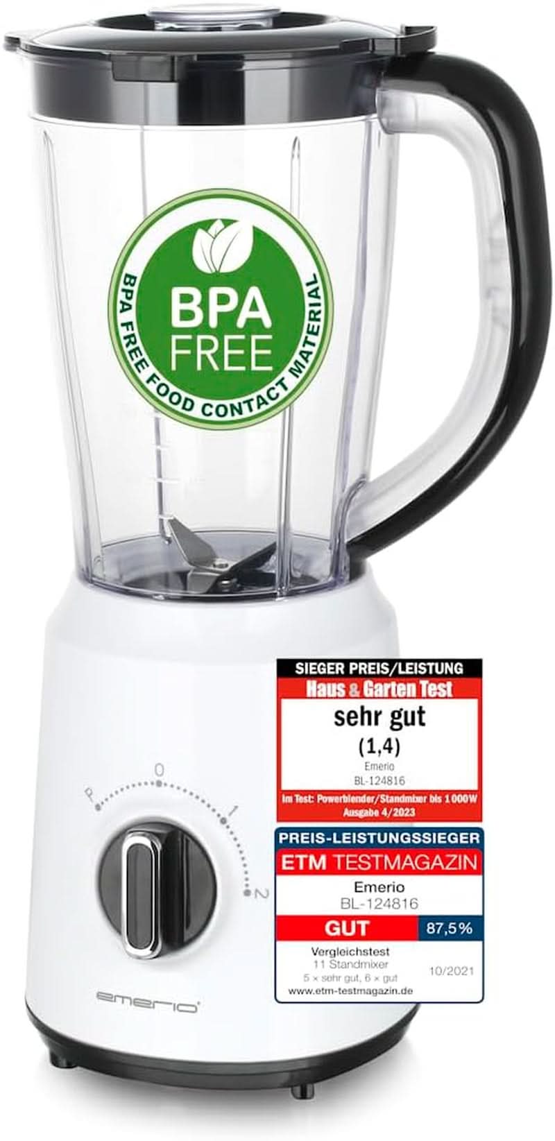 Emerio Standmixer BPA Frei Crush Ice Funktion 1.5L Behälter 2 Geschwindigkeiten + Pulse Funktion Messereinheit Aus Edelstahl Sicherheitsschalter Geschirrspülgeeignet 500 Watt BL-12816.8 Schwarzp Wecatarie Natyß