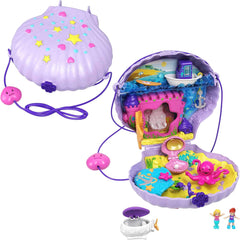 Cutie de depozitare Polly Pocket, geantă cu scoici și temă subacvatică, cu 2 păpuși și 1 submarin, jucărie sirenă Polly Pocket, jucărie pentru vârste de 4 ani și peste, GNH11