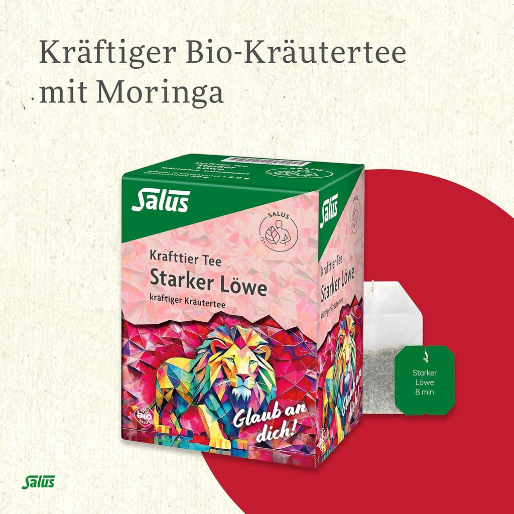 Salus - Ceai Krafttier - Leu puternic - 1X 15 pliculețe filtru (30 g) - Ceai de plante puternic cu moringa - Aromatizat - Bio
