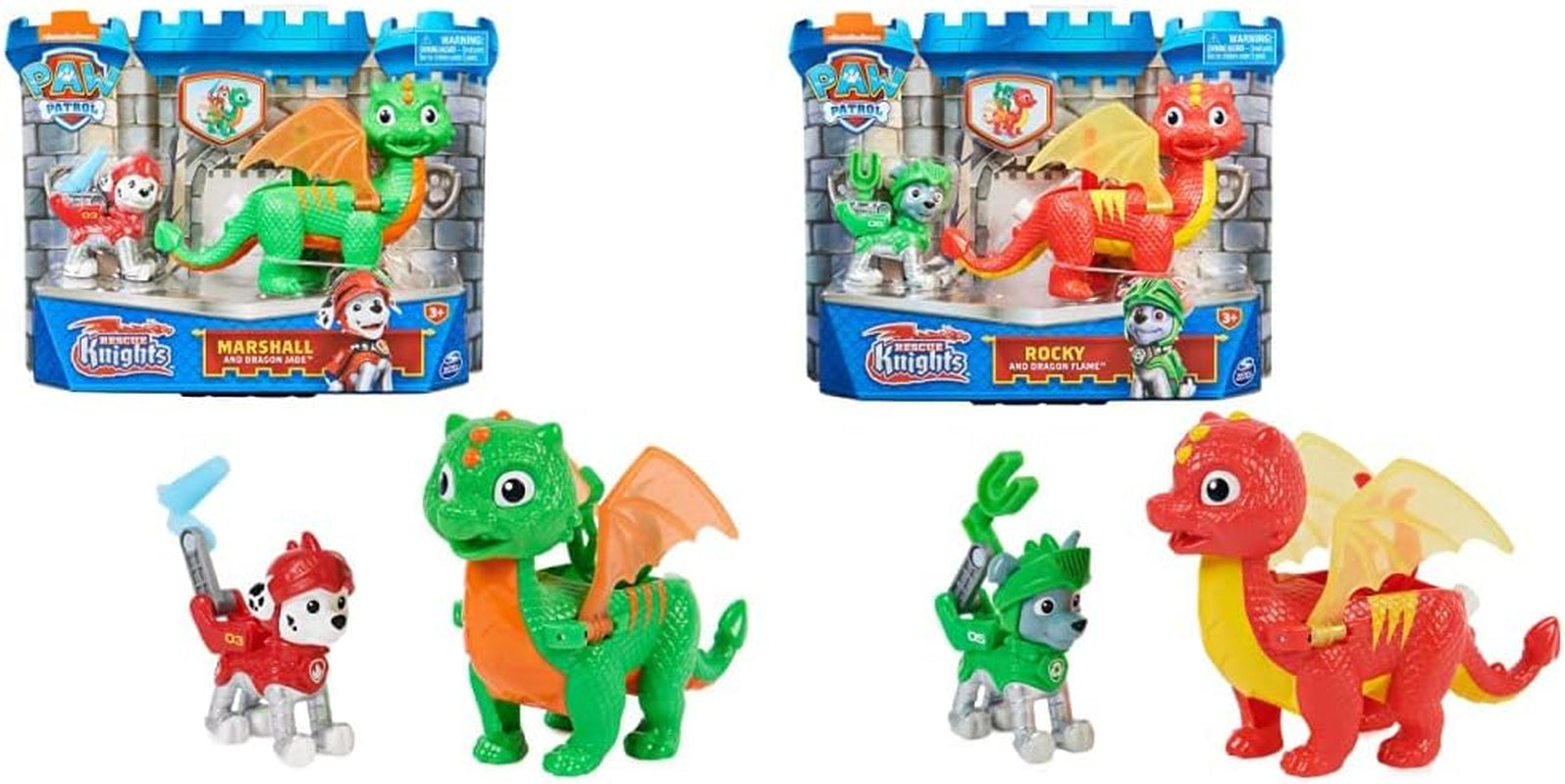 Paw Patrol, Rescue Knights Rubble și Dragon Blizzie set de figurine de acțiune, jucărie potrivită pentru copii cu vârsta de 3 ani și peste Action figures Naty Shop Pachet cu Rocky și Dragon Flame Marshall