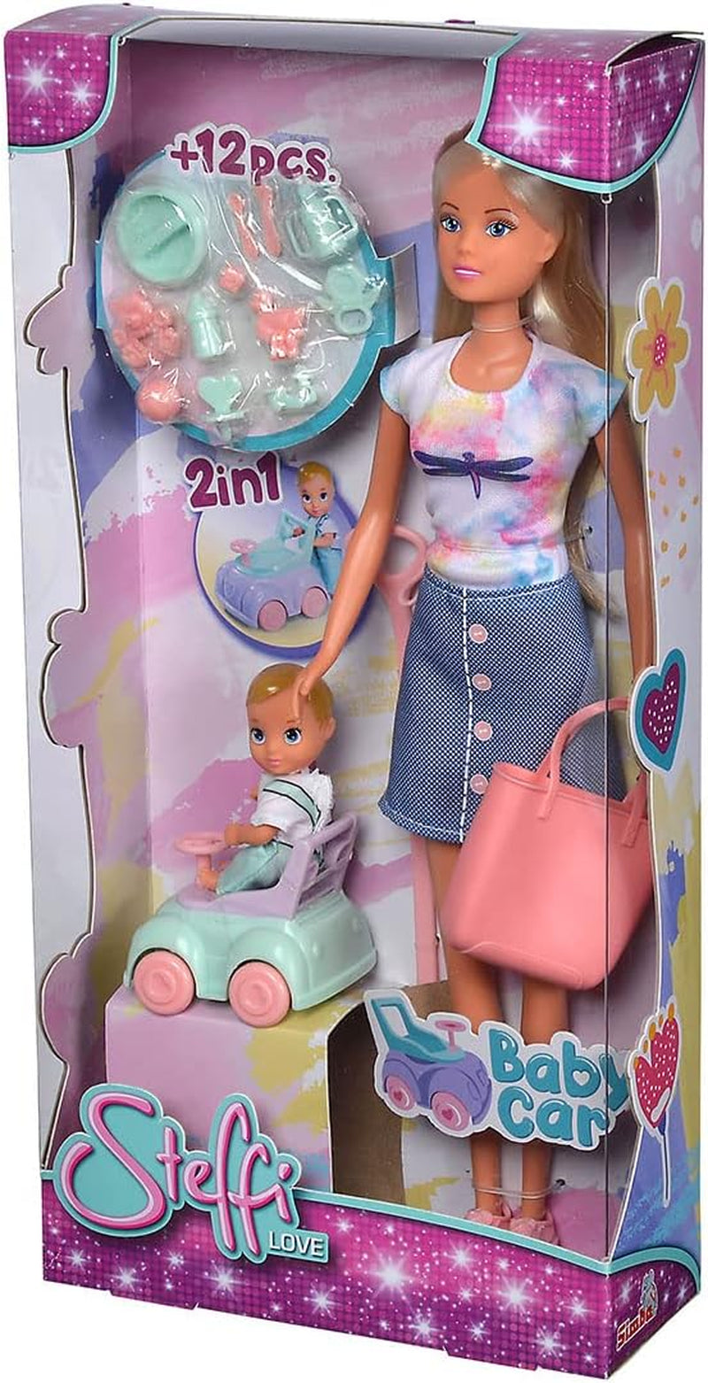 Simba 105733585 - Steffi Love Baby Car, Ankleidepuppe s Kind, Laufauto, 2-in-1 Funktion, with Handtasche and Babyzubehör, 12 Teile, 29cm Puppe, Ab 3 Jahren