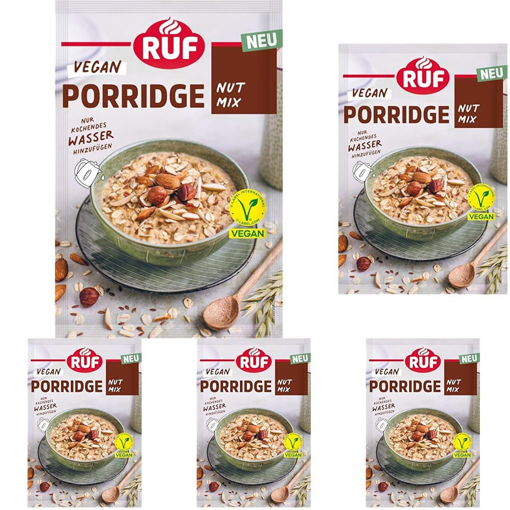 RUF Terci Vegan cu Nuci și Ovăz, fulgi de ovăz cu migdale, alune și semințe de in, preparare ușoară, într-un pachet practic de porții, 1 x 60 g
