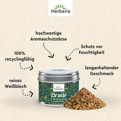Herbaria Za'atar bio 25g S-Dose – Zaatar Gewürz, Zaatar Gewürz - orientální Organic-Gewürmischung für Gerichte der Levante Küche - mit erlesenen Ingredient - in nachhaltiger Aromaschutz-Dose