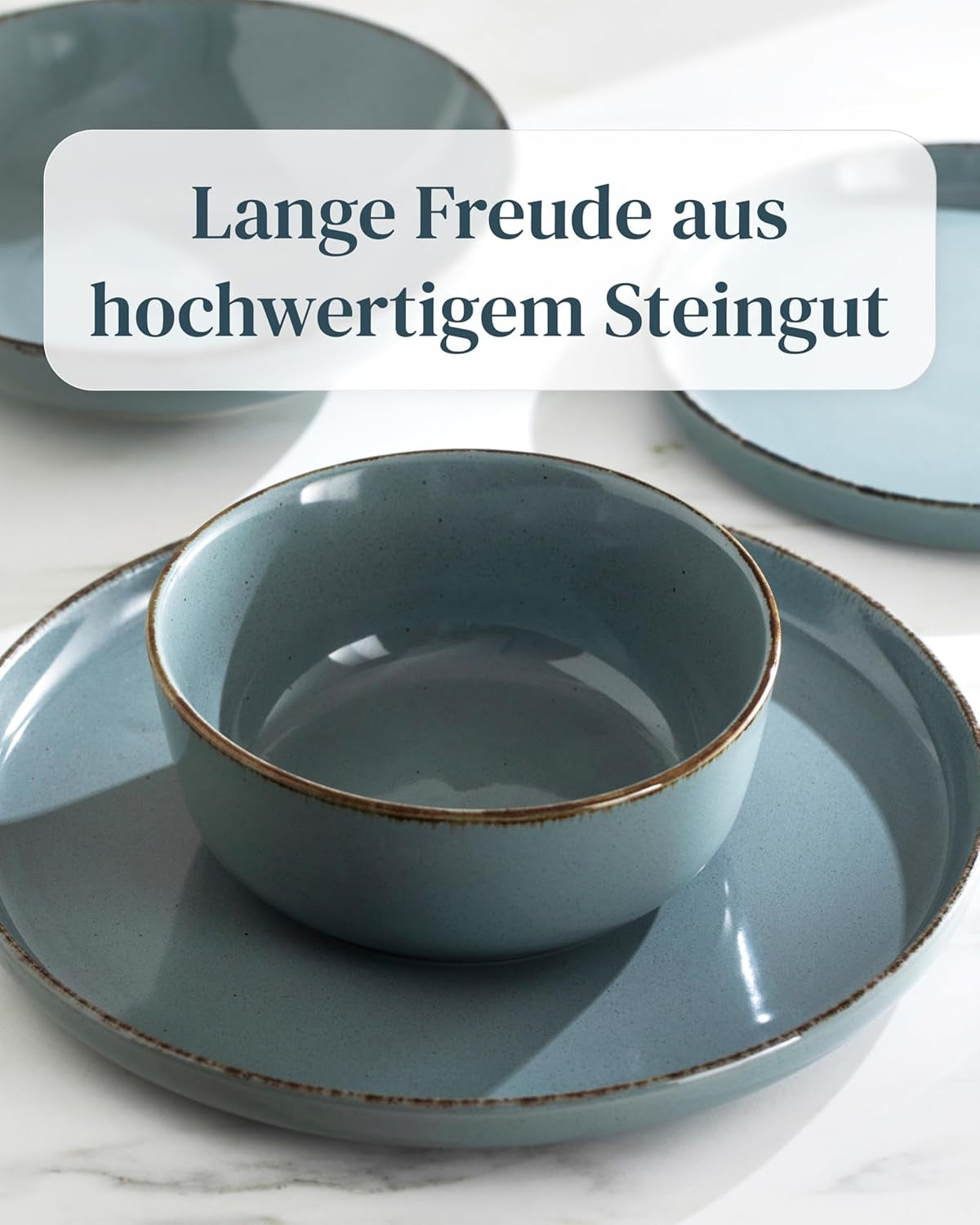 Steingut Geschirrset 12 Personen Rustic 36 tlg. TESTSIEGER, Hochwertiges Landhaussttil Steingut Geschirr Set, Schüssel- und Teller Set, Tafelservice 12 Personen, Geschirrsets Pure Living in Rauchblau