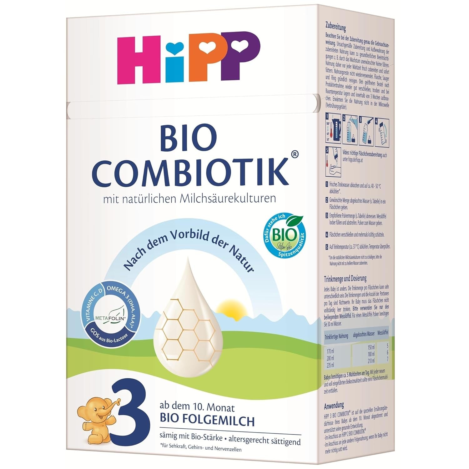 HiPP 3 Bio Combiotik (4 x 600 g), pokračovací mléko od 10 měsíců, s přírodními kulturami kyseliny mléčné, vitaminy C a D, GOS, Omega-3 (DHA, ALA), v nejlepší bio kvalitě