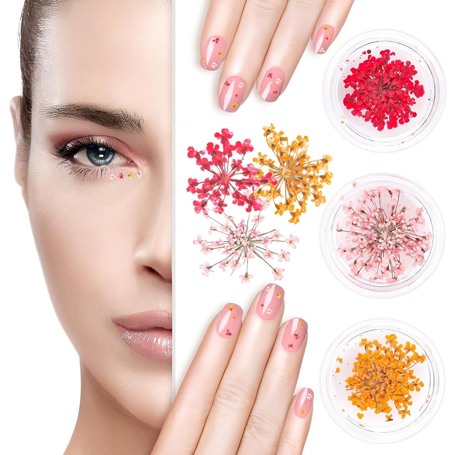 Nail Art Flowers Set Decoration - Gelnägel Zubehör 3 Farben(Orange,Blassrosa,Rose),Nail Art Aufkleber Trockene Blumen Kit Getrocknete Blumen Zubehör Set DIY Nageldekoration