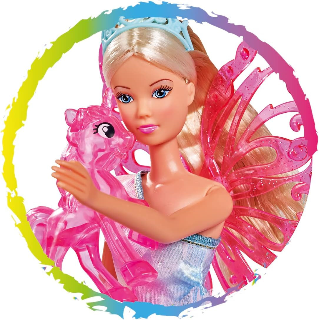 Simba 105733587 - Steffi Love Unicorn Fairy, Ankleidepuppe als Fee with abnehmbaren Flügeln, with Einhorn, 29cm Puppe trägt EIN Bezauberndes Pastell Glitzerkleid, ab 3 Jahren