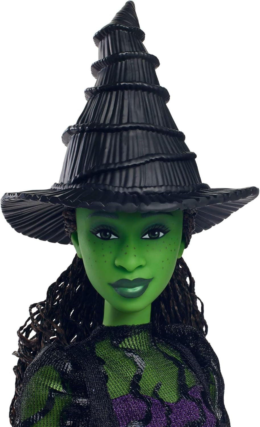 Păpușă de modă Mattel Wicked Elphaba și accesorii cu piele verde, păr negru împletit, diverse poziții posibile și aspect de rochie de bal detașabilă, HXT62, [Multicoloră]