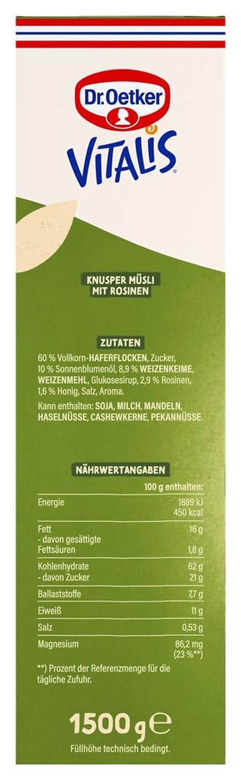 Oetker Vitalis klasické křupavé müsli: velké balení křupavého snídaňového müsli s rozinkami, 1 balení, 1,5 kg