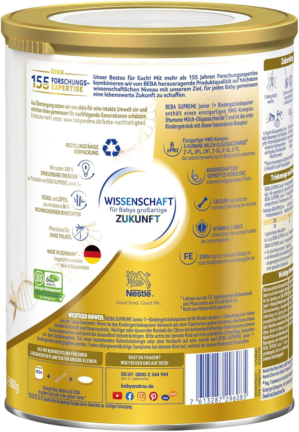 BEBA SUPREME JUNIOR 1 Plus - Nápoj pro děti od 1 roku, s komplexem 6 HMO, bez laktózy, bez palmového tuku, bez rybího tuku, výživa pro malé děti, sušené kojenecké mléko, balení 6 ks (6 x 800g)