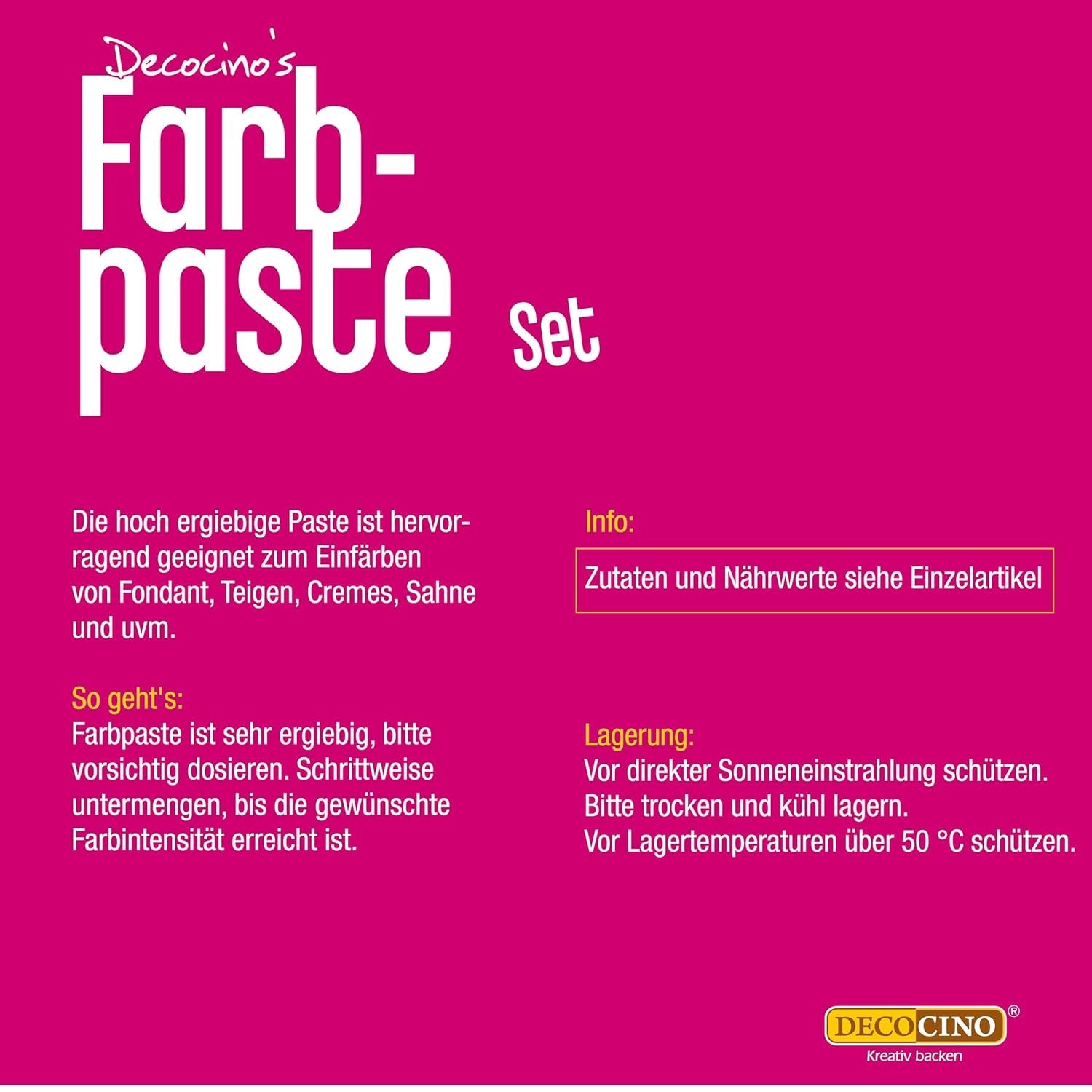 Set de 6 paste de culoare Decocino – 6 x 20 g – Colorant alimentar în roșu, roz, verde, galben, albastru și negru, ideal pentru colorarea prăjiturilor, fondantului și cremelor – Fără azoici și fără gluten