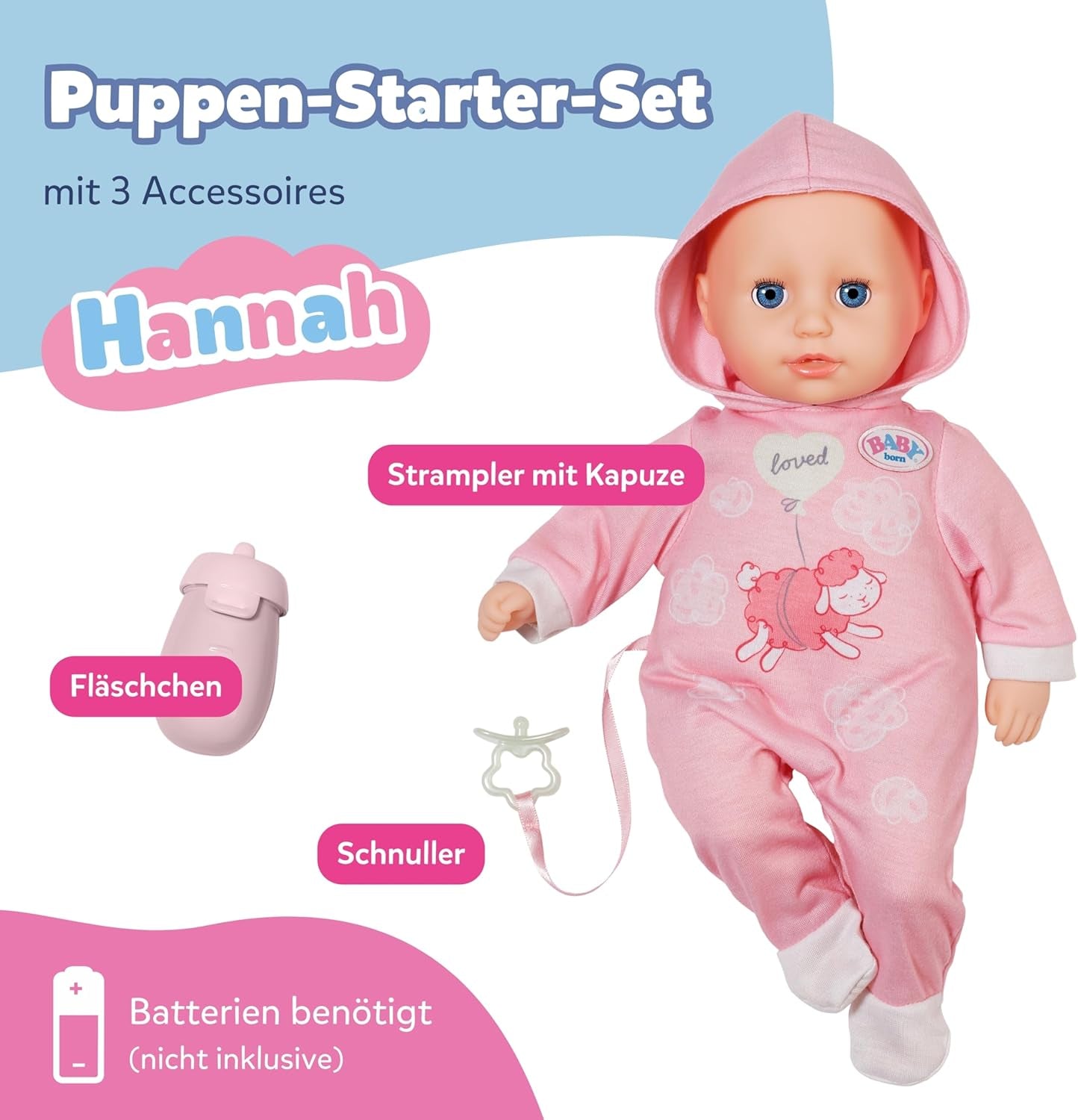 BABY Born Hannah Play with Me - Păpușă bebeluș cu 5 funcții - Corp din material moale, inclusiv accesorii - Păpușă de 36 cm - Funcționează cu baterii - Potrivită pentru copii de la 1 an