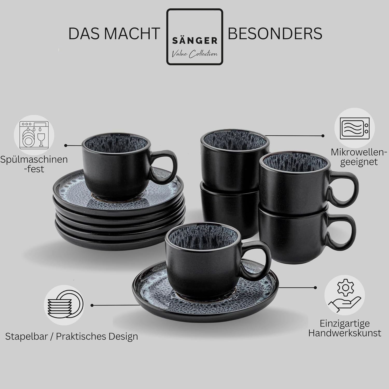 SÄNGER Sydney | Set de 12 căni de espresso din gresie, set de căni Mocha pentru 6 persoane, căni și farfurioare, potrivit pentru mașina de spălat vase și cuptorul cu microunde, gri închis, 80 ml | COLECȚIA VALUE