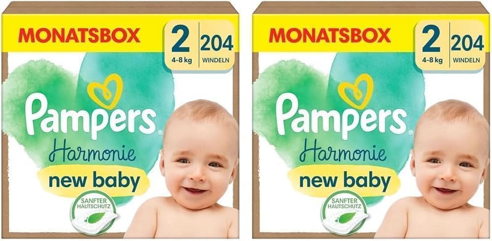 Dětské plenky Pampers Velikost 2 (4-8 kg) Harmony, ekonomické balení s dvojitým měsíčním boxem, jemná ochrana pokožky a bylinné ingredience, 408 kusů Mother and Baby Naty Shop