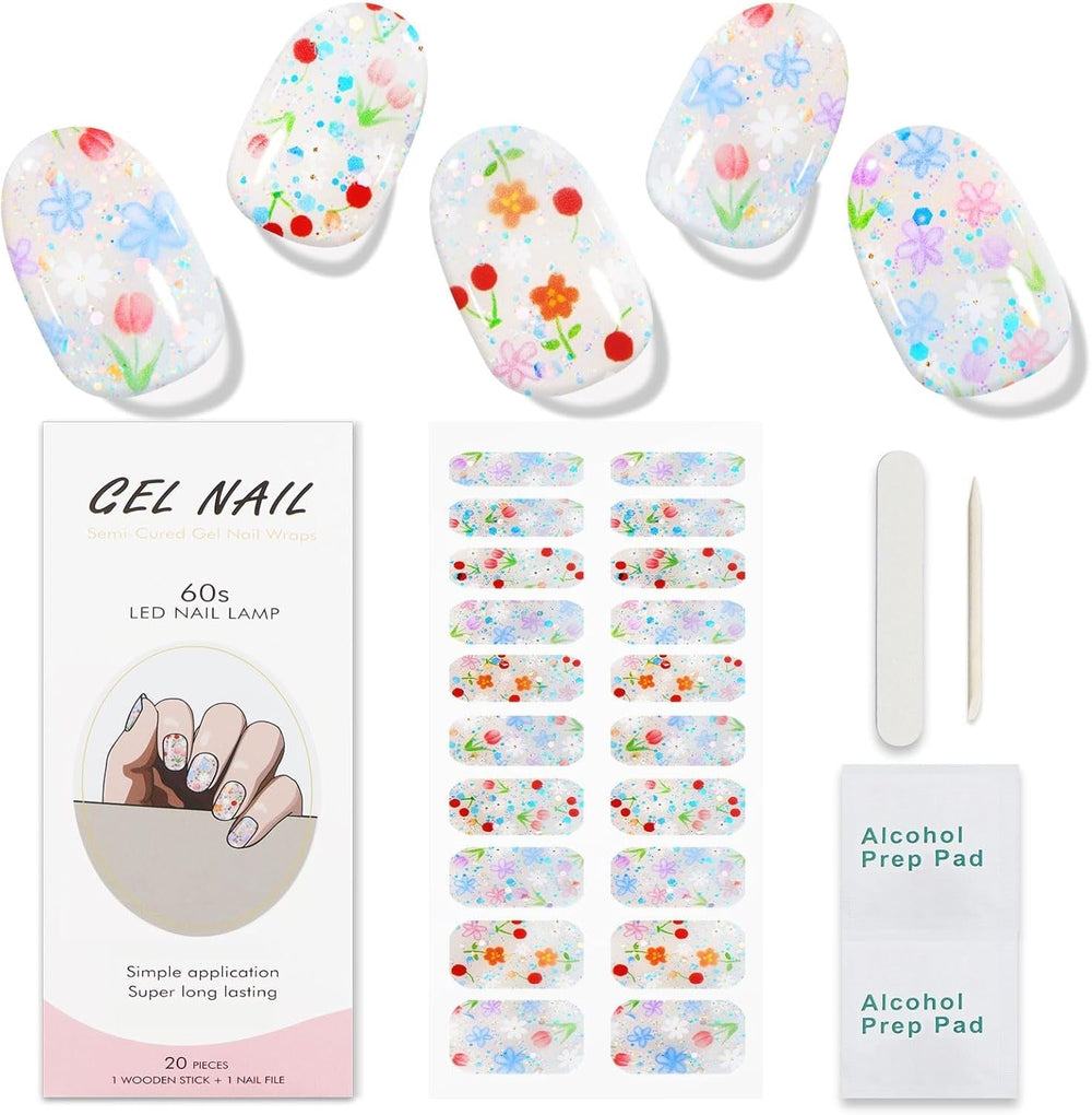 JMEOWIO Nagelfolie UV Härtend Bunter Blumenglitzer UV Gel Nail Strips Nagelsticker Nagelaufkleber Nail Art Dekoration Nageldesign Zubehör