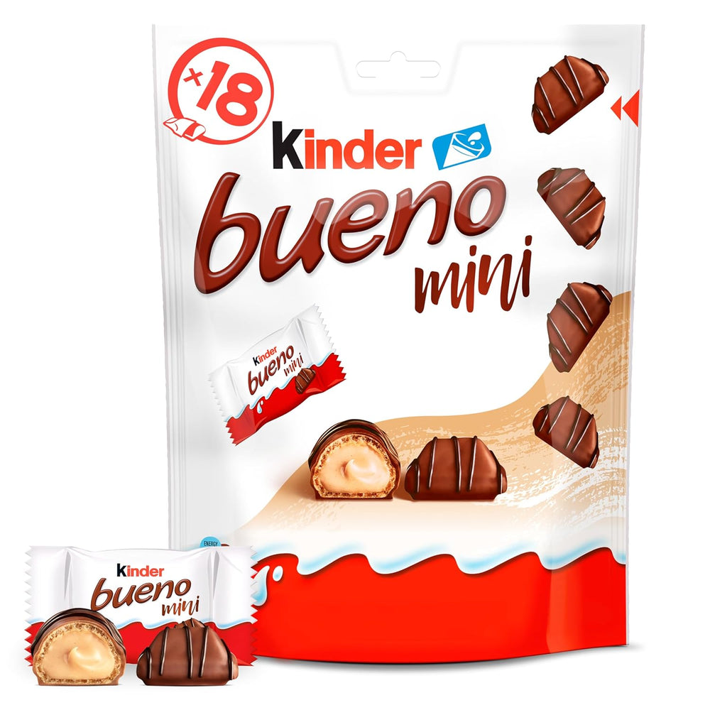 Kinder Bueno Mini – křupavé oplatkové čokoládové tyčinky, mléčná smetana a lískové oříšky a jemná mléčná čokoláda – karnevalové pochoutky – 1 sáček mini jednotlivě balených tyčinek (1 x 108 g)