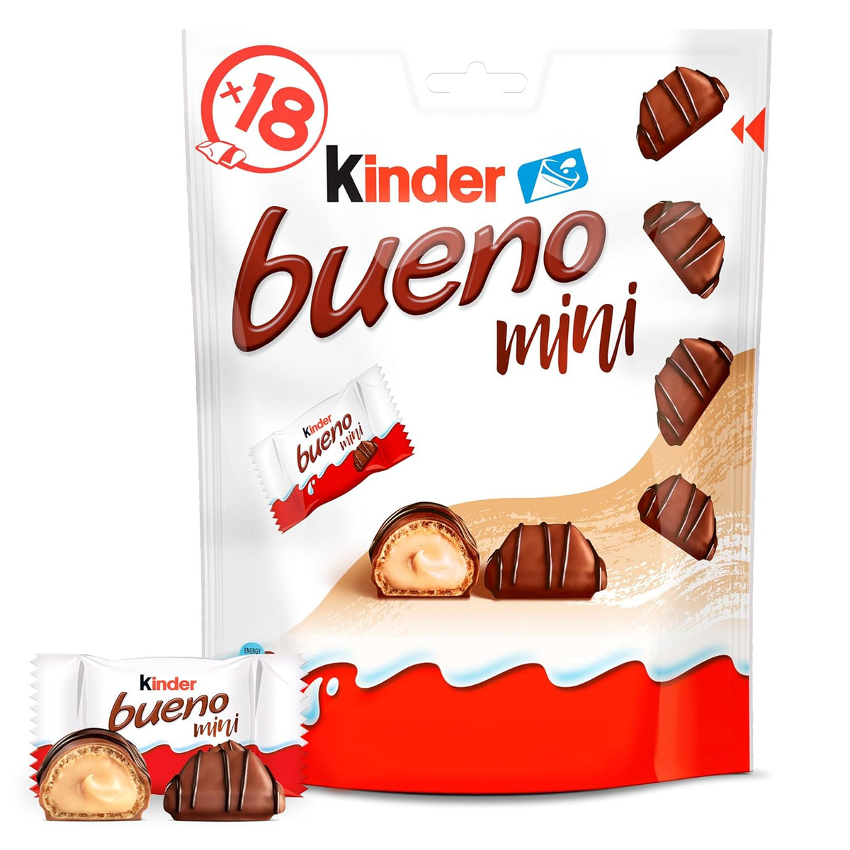 Kinder Bueno Mini – křupavé oplatkové čokoládové tyčinky, mléčná smetana a lískové oříšky a jemná mléčná čokoláda – karnevalové pochoutky – 1 sáček mini jednotlivě balených tyčinek (1 x 108 g)
