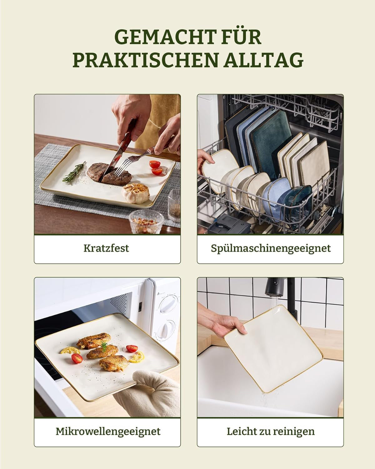 Set de veselă din gresie pentru 6 persoane, seria Ocean, set de veselă pătrată cu 18 piese, set de farfurii, serviciu combinat cu glazură reactivă, veselă rezistentă la zgârieturi, bej