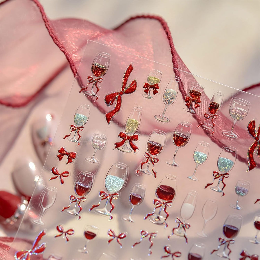 JMEOWIO 3D Nagelsticker Roter Kelch Mit Schleife Nail Art Sticker Selbstklebend Nagelaufkleber 5D Stereoskopisch Dekoration Nageldesign Zubehör 1 Blatt