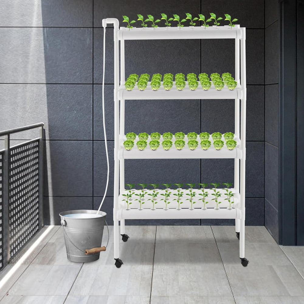 Sada pro hydroponické pěstování se 108 místy pro výsadbu, 4 úrovněmi s vodní pumpou. Hydroponický systém vyrobený z potravinářských PVC-U trubek pro domácí, balkónovou, zahradní a balkónovou zeleninu.