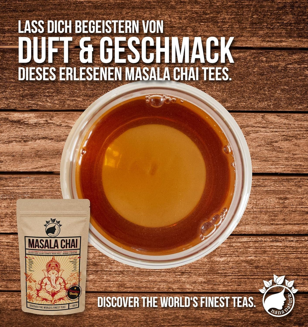Nananatura'S MASALA CHAI TEE 100G | Perfect pentru ceai chai, chai latte cu lapte sau chai rece | 100% natural | Ceai negru delicios cu condimente indiene aromate | Încălzitor și energizant