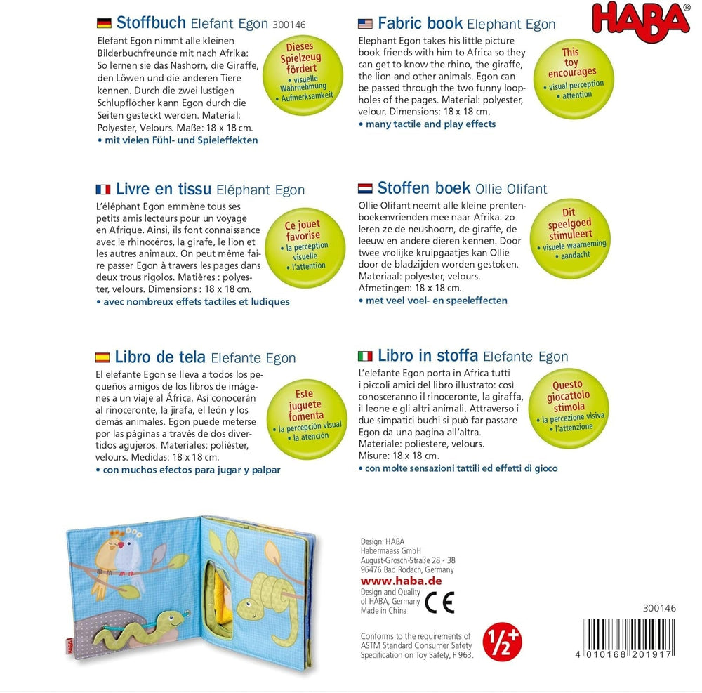 HABA 300146 - Cartea de pluș Elefant Egon, carte moale cu multe efecte tactile și de joc, jucărie pentru copii frumos proiectată de la 6 luni Jucarii Bebe Naty Shop