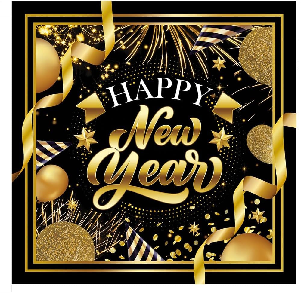 | 20 Șervețele Happy New Year (16X16 Cm) - Decorațiuni de masă pentru petreceri de Revelion - Ideal pentru evenimente și sărbători - Negru și auriu