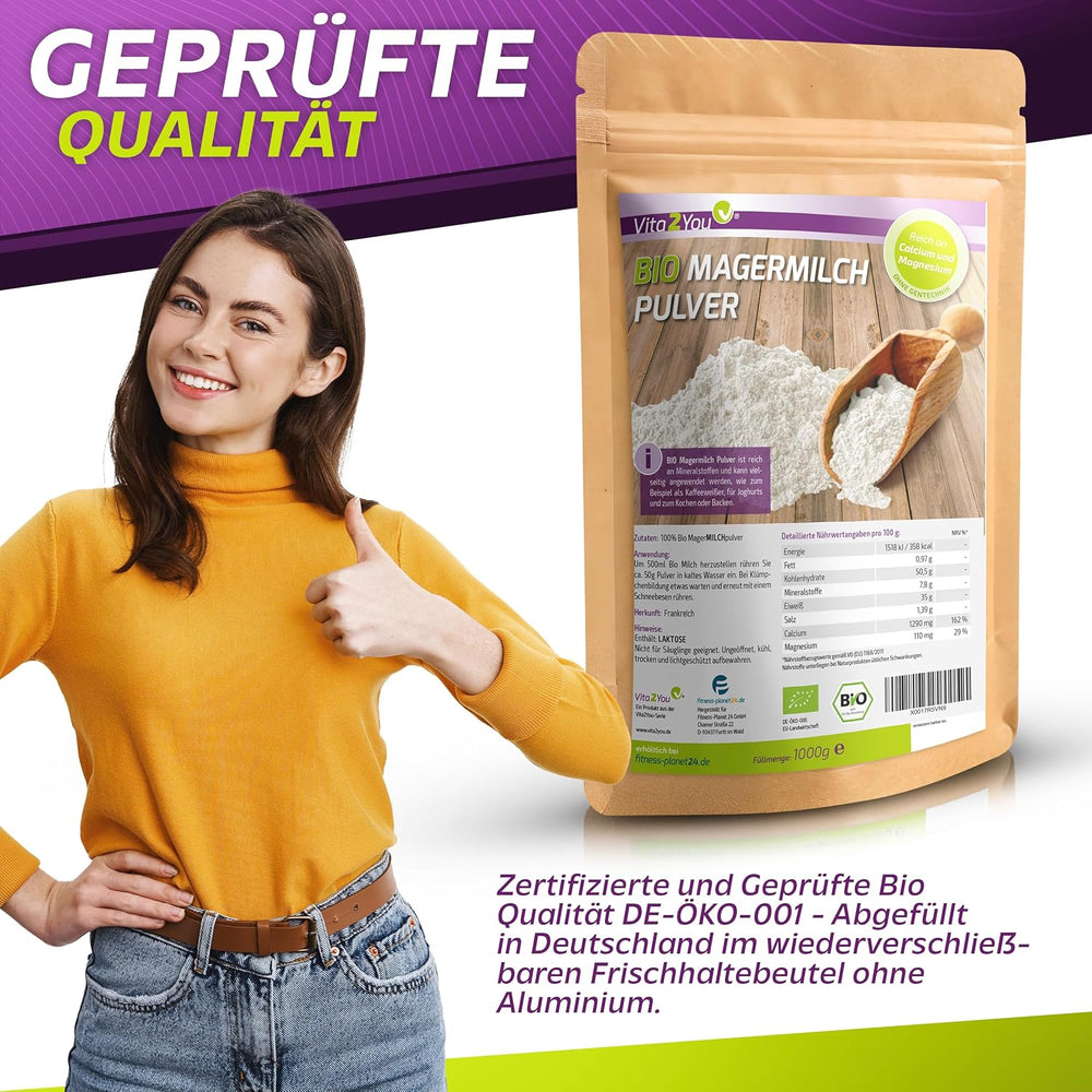 Vita2You Bio sušené odstředěné mléko 1000 g - 100% Bio Qualität - na pečení - Kaffeeweißer - Mléčný prášek pro jogurty - 1 kg - Premium Qualität