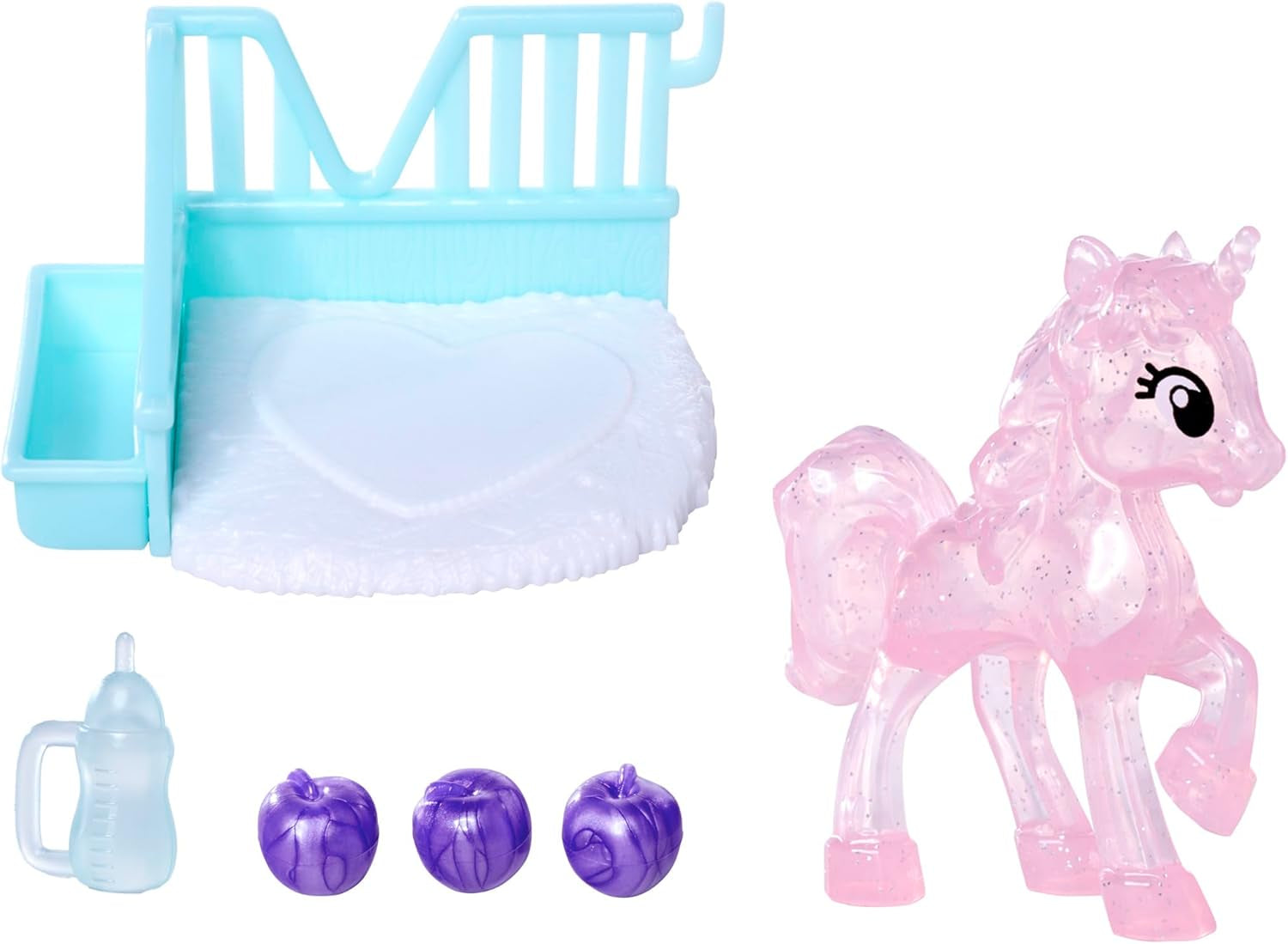 Simba Evi Love Unicorn, o păpușă de joacă care poartă o rochie drăguță de unicorn cu o bentiță asortată, inclusiv un unicorn cu grajd, mere și o sticlă de băut, 12 cm, vârste 3+