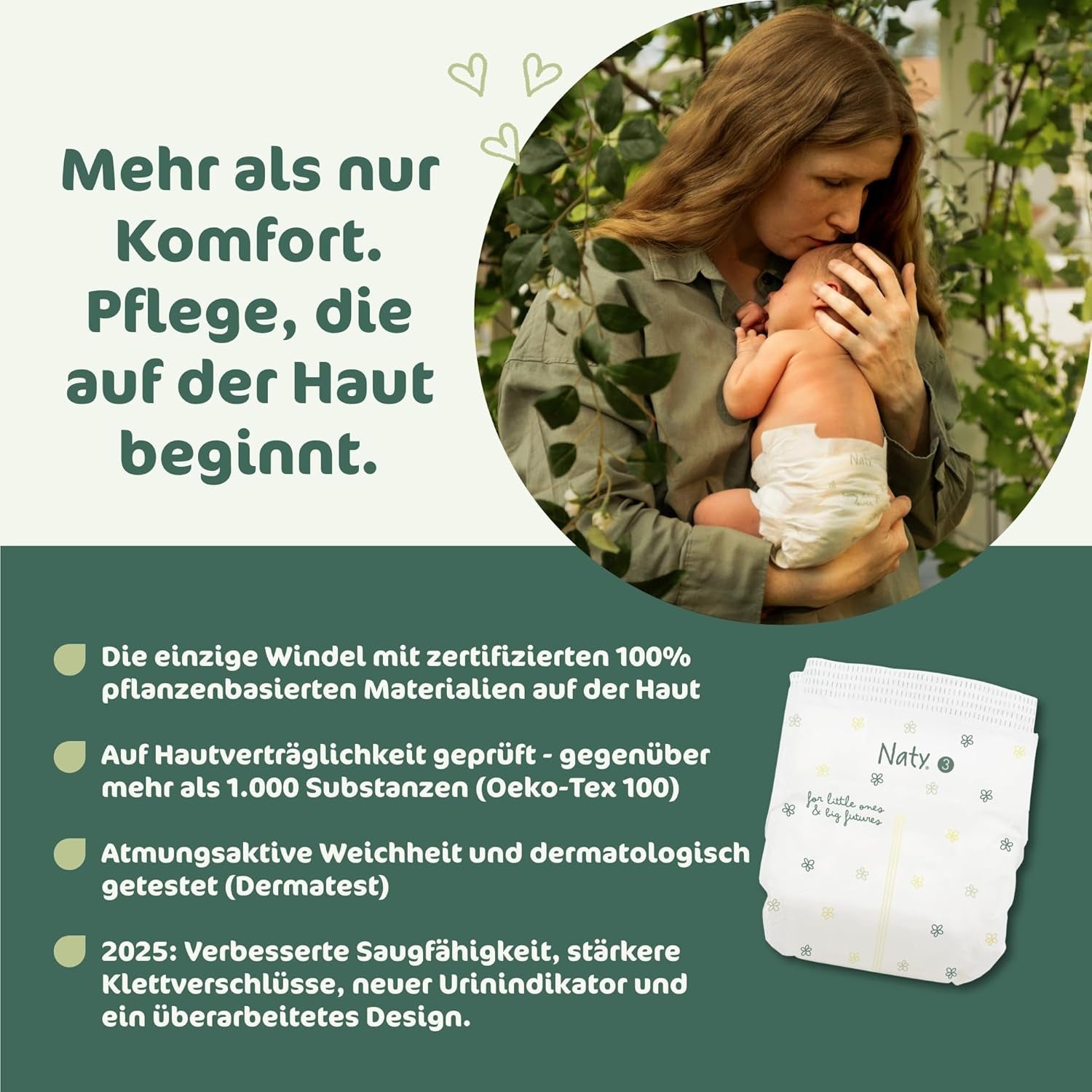 Dětské plenky Naty BioEmbrace, velikost 3 (4–9 kg) | 100% rostlinné materiály, šetrné k pokožce | Prodyšná měkkost, dermatologicky testováno, výborná vstřebatelnost | 100 ks.