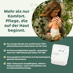 Dětské plenky Naty BioEmbrace, velikost 3 (4–9 kg) | 100% rostlinné materiály, šetrné k pokožce | Prodyšná měkkost, dermatologicky testováno, výborná vstřebatelnost | 100 ks.