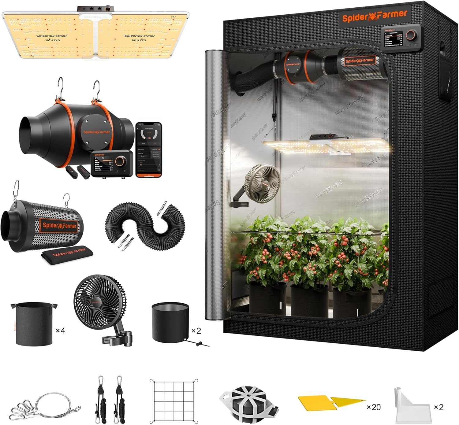 Spider Farmer SF1000 Full Spectrum Stmívatelné LED růstové světlo, Dioda Samsung LM301H EVO, 70x70x160cm sada Full Grow stanu, sada hydroponického pěstebního stanu, ventilační systém