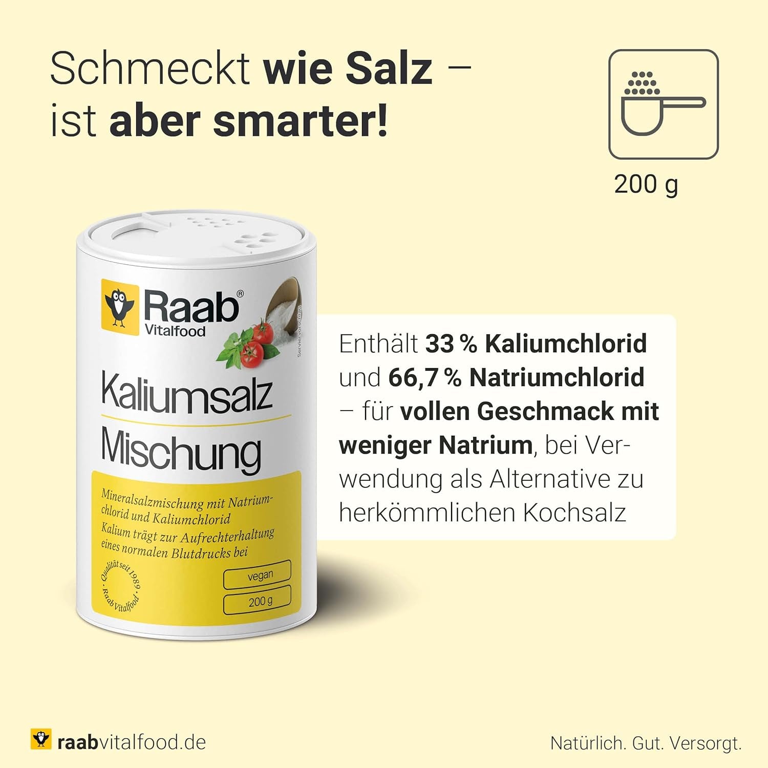 Raab Vitalfood Kalium salt-Mischung, Mineralsalzmischung mit 66,7% Natriumchlorid (Kochsalz) and 33% Kaliumchlorid, Kalium trägt zur Aufrechterhaltung eines normalen Blutdruck bei (1 x 200 g Dávka)