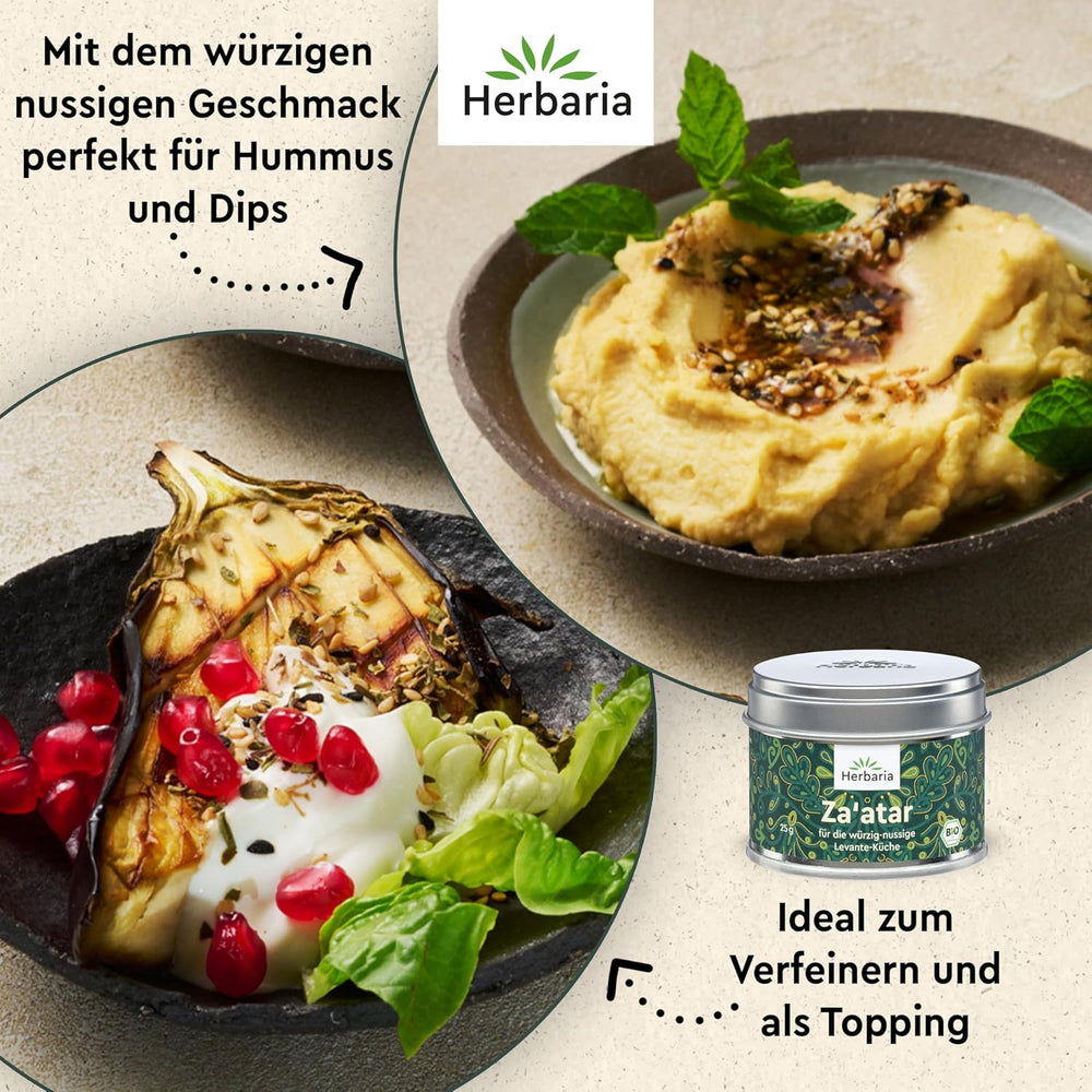 Herbaria Za'atar bio 25g S-Dose – Zaatar Gewürz, Zaatar Gewürz - orientální Organic-Gewürmischung für Gerichte der Levante Küche - mit erlesenen Ingredient - in nachhaltiger Aromaschutz-Dose