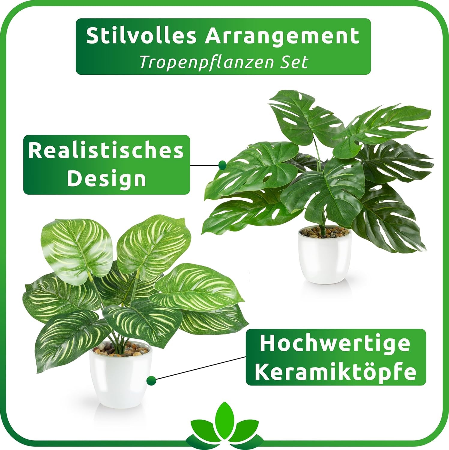 PASCH® 4Er Set Tropische Kunstpflanzen Wie Echt (35Cm) in Weißen Keramiktöpfen: U.A. Monstera Künstlich & Areca Kunstpalme | Künstliche Pflanzen Im Topf | Fake Plant | Kunstblumen Im Topf