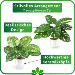 PASCH® 4Er Set Tropische Kunstpflanzen Wie Echt (35Cm) in Weißen Keramiktöpfen: U.A. Monstera Künstlich & Areca Kunstpalme | Künstliche Pflanzen Im Topf | Fake Plant | Kunstblumen Im Topf