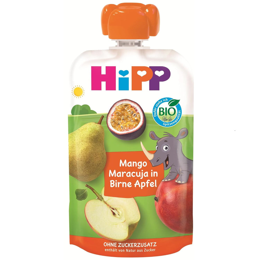 Sáčky HiPP Bio Mango-Passion Fruit in Pear Apple Příchuť - Nick Rhino (8 x 100g), od 1 roku, 100% ovocné pyré, bez přidaného cukru, vegan, nejlepší bio kvalita