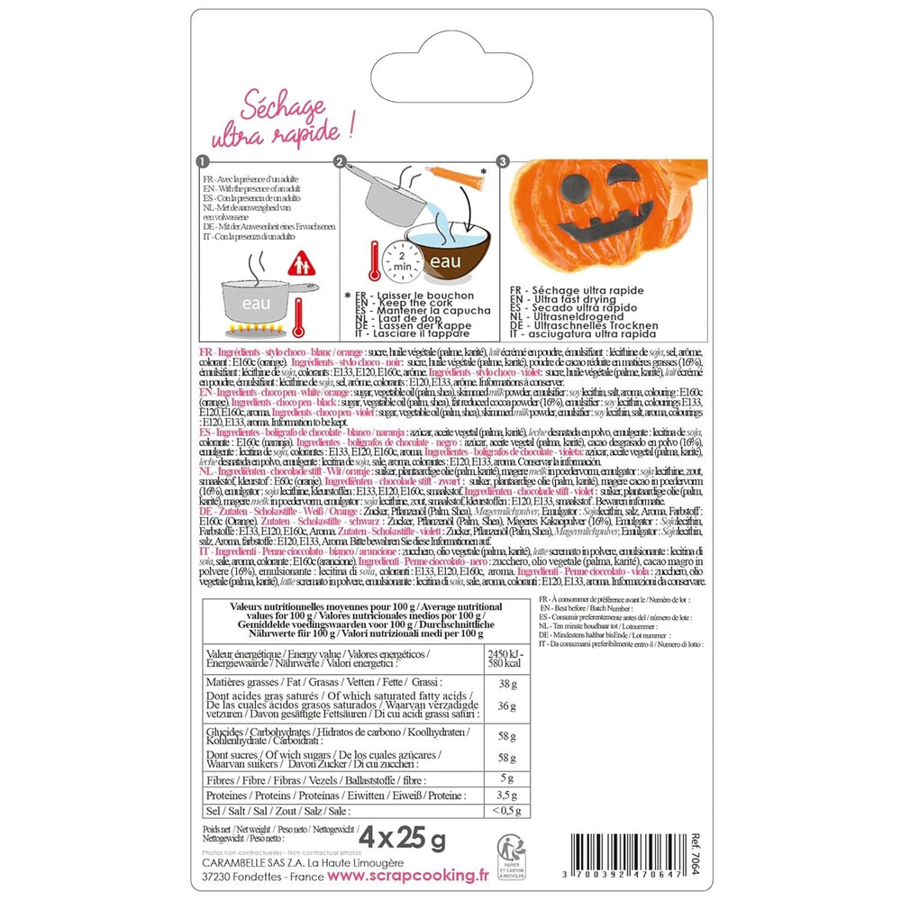 Scrapcooking – sada 4 halloweenských čokoládových per – černá, oranžová, fialová a bílá, pište a kreslete na dezerty, dorty a sušenky Naty Shop