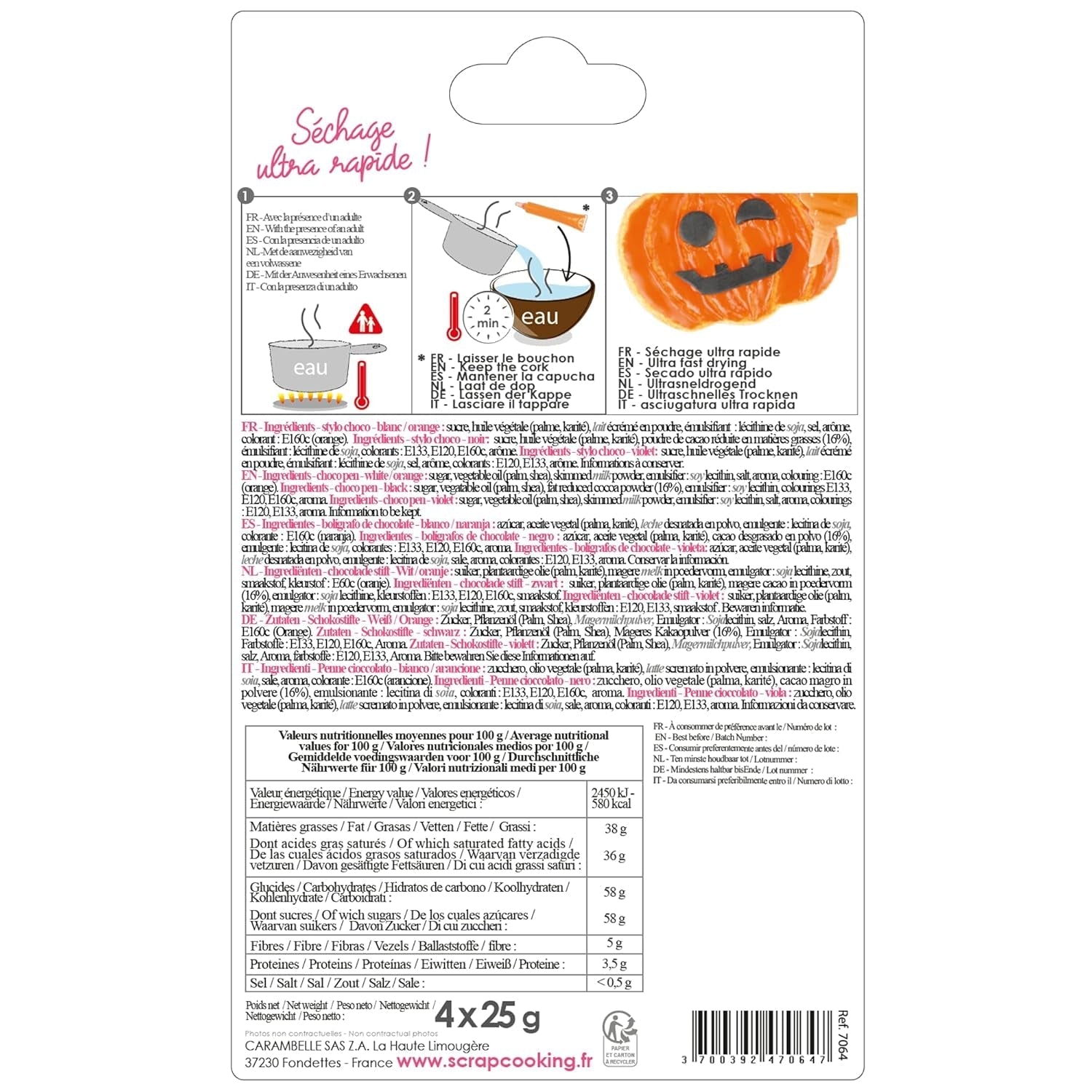 Scrapcooking - Set de 4 creioane colorate de ciocolată pentru Halloween - Negru, portocaliu, violet și alb - Colorant comestibil - Colorant alimentar pentru scris - Scrie și desenează pe deserturi, prăjituri și fursecuri - 7064