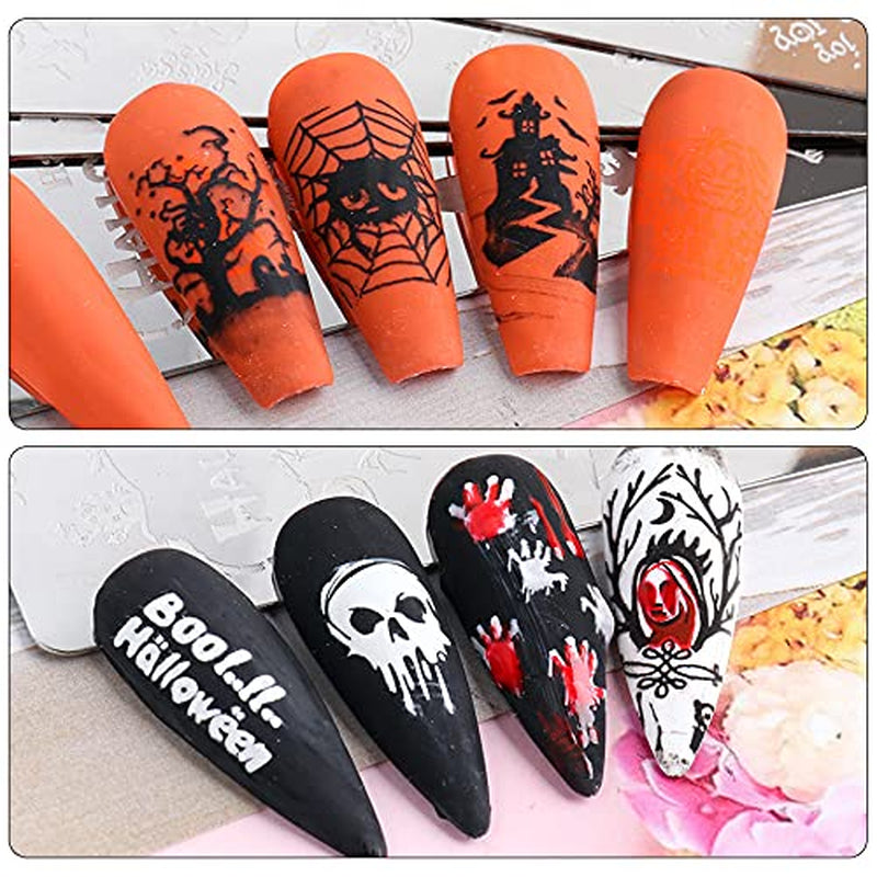 JMEOWIO Nagel Stamping Schablone Halloween 6 Stück Nagelstempel Schablone Nail Art Dekoration Nageldesign Zubehör Böse Gruselige Kürbis-Geisterhexe