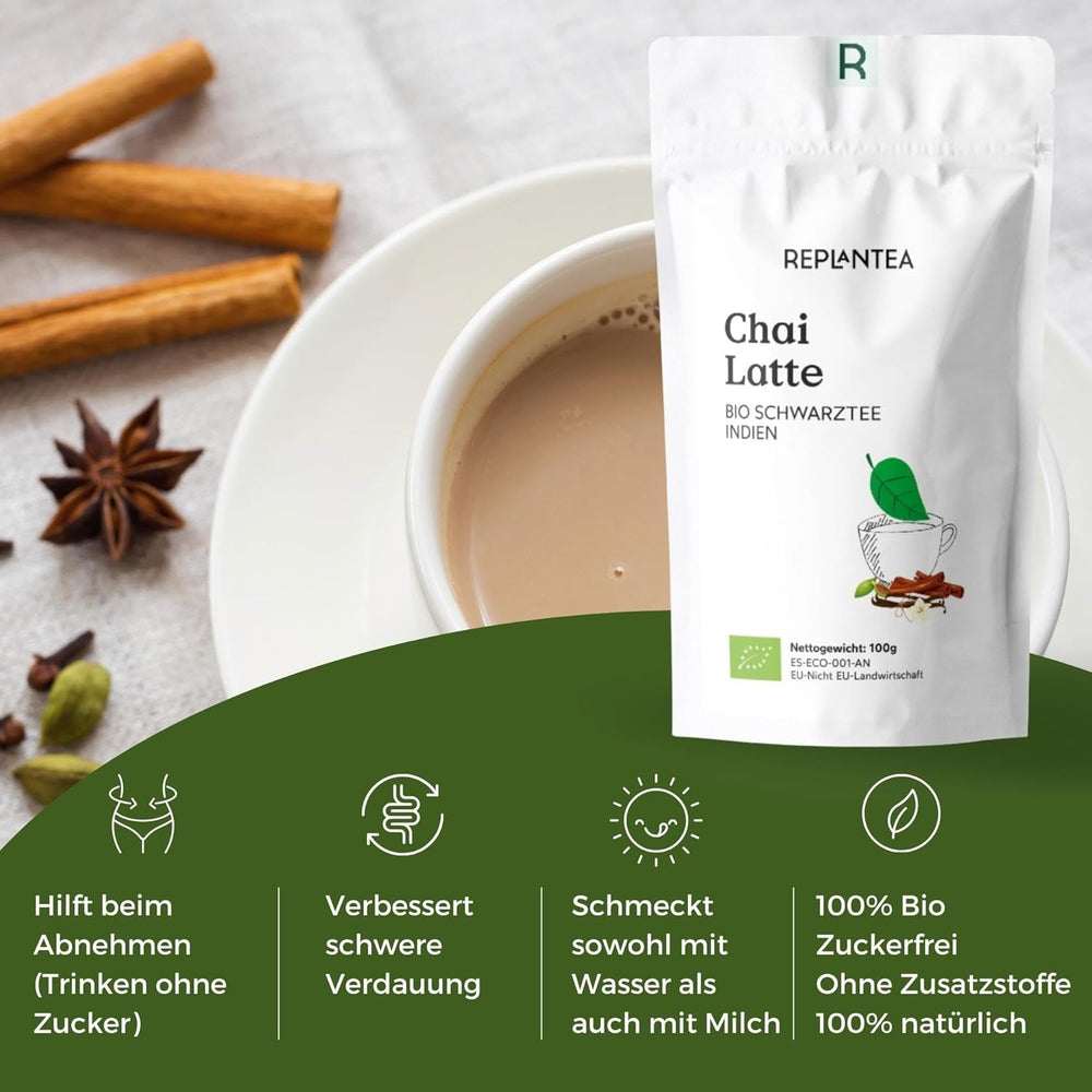 Ceai Chai vrac organic 100 g (50 de cești) | Chai Latte fără zahăr, cu ghimbir fin, scorțișoară, vanilie, cardamom, anason REPLANTEA