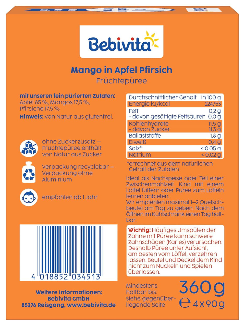 Mačkatelné sáčky Mango Apple Peach – 16 balení (4 balení, 4 x 90 g každý), bez přidaného cukru, bez lepku, ideální pro balené svačiny a na cesty